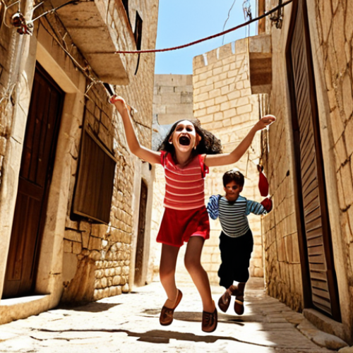 A vibrant, sunny street scene capturing the essence of traditional childhood games in Israel. A group of cheerful children are actively playing "Al-Ghamida" (hide-and-seek), their laughter echoing through the narrow alleyways. In the foreground, a girl is gracefully performing intricate jumps with "Natt el Habel" (jump rope) while others cheer her on. The setting features warm, earthy tones, old stone walls, and hints of Mediterranean flora, evoking a sense of timeless joy and carefree outdoor play. The overall mood is energetic, nostalgic, and full of innocent fun.