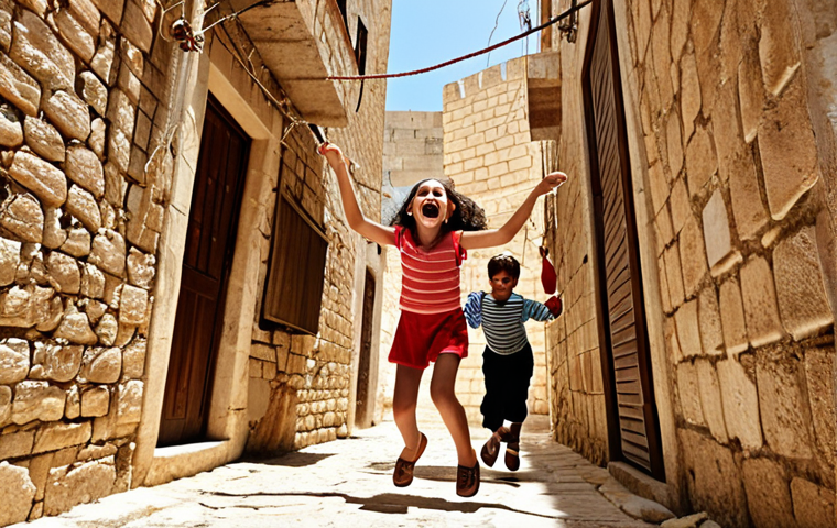 A vibrant, sunny street scene capturing the essence of traditional childhood games in Israel. A group of cheerful children are actively playing "Al-Ghamida" (hide-and-seek), their laughter echoing through the narrow alleyways. In the foreground, a girl is gracefully performing intricate jumps with "Natt el Habel" (jump rope) while others cheer her on. The setting features warm, earthy tones, old stone walls, and hints of Mediterranean flora, evoking a sense of timeless joy and carefree outdoor play. The overall mood is energetic, nostalgic, and full of innocent fun.
