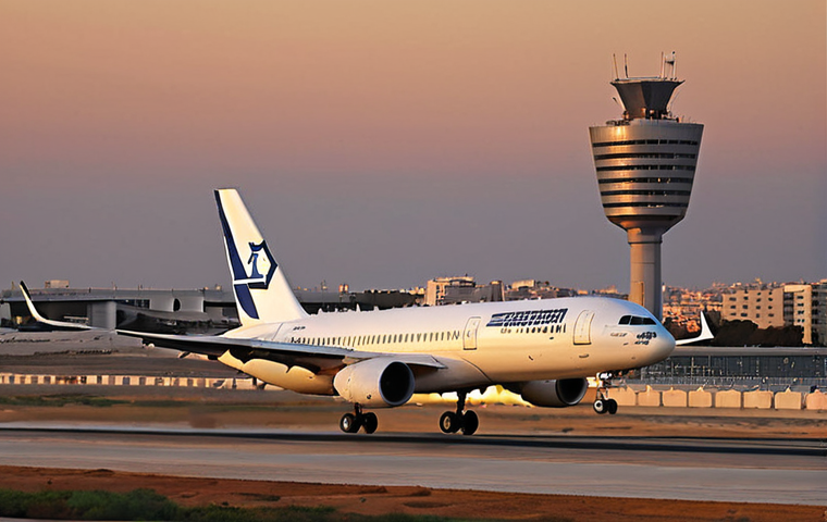 **
"Modern Israeli airliner taking off from Ben Gurion Airport at sunset, showcasing advanced wing design and fuel efficiency. Focus on the aircraft's sleek lines and the airport's bustling activity."
**