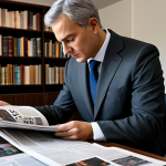 A focused male professional, a researcher, in a modest charcoal business suit, seated at a clean, contemporary desk in a well-lit study. He is attentively reviewing various printed news publications from different regions, alongside a tablet displaying international news feeds. The desk is orderly, with a warm ambient light highlighting the diverse collection of information. The background features a subtle bookshelf filled with academic texts, suggesting deep knowledge. The overall atmosphere conveys a commitment to comprehensive understanding and informed decision-making. fully clothed, appropriate attire, safe for work, perfect anatomy, correct proportions, natural pose, well-formed hands, proper finger count, natural body proportions, professional photography, high quality, appropriate content, family-friendly, professional.