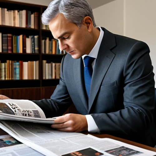 A focused male professional, a researcher, in a modest charcoal business suit, seated at a clean, contemporary desk in a well-lit study. He is attentively reviewing various printed news publications from different regions, alongside a tablet displaying international news feeds. The desk is orderly, with a warm ambient light highlighting the diverse collection of information. The background features a subtle bookshelf filled with academic texts, suggesting deep knowledge. The overall atmosphere conveys a commitment to comprehensive understanding and informed decision-making. fully clothed, appropriate attire, safe for work, perfect anatomy, correct proportions, natural pose, well-formed hands, proper finger count, natural body proportions, professional photography, high quality, appropriate content, family-friendly, professional.