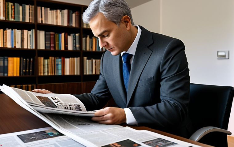 A focused male professional, a researcher, in a modest charcoal business suit, seated at a clean, contemporary desk in a well-lit study. He is attentively reviewing various printed news publications from different regions, alongside a tablet displaying international news feeds. The desk is orderly, with a warm ambient light highlighting the diverse collection of information. The background features a subtle bookshelf filled with academic texts, suggesting deep knowledge. The overall atmosphere conveys a commitment to comprehensive understanding and informed decision-making. fully clothed, appropriate attire, safe for work, perfect anatomy, correct proportions, natural pose, well-formed hands, proper finger count, natural body proportions, professional photography, high quality, appropriate content, family-friendly, professional.
