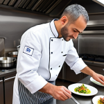 A highly skilled professional Israeli chef, fully clothed in a clean white chef's jacket and apron, meticulously plating an innovative fusion dish in a sleek, modern, well-lit kitchen. The chef is focused on the task with perfect anatomy and natural pose, showcasing well-formed hands. The background features subtle hints of a bustling, high-end restaurant environment. safe for work, appropriate content, fully clothed, professional, high-quality, ultra-detailed, professional photography.