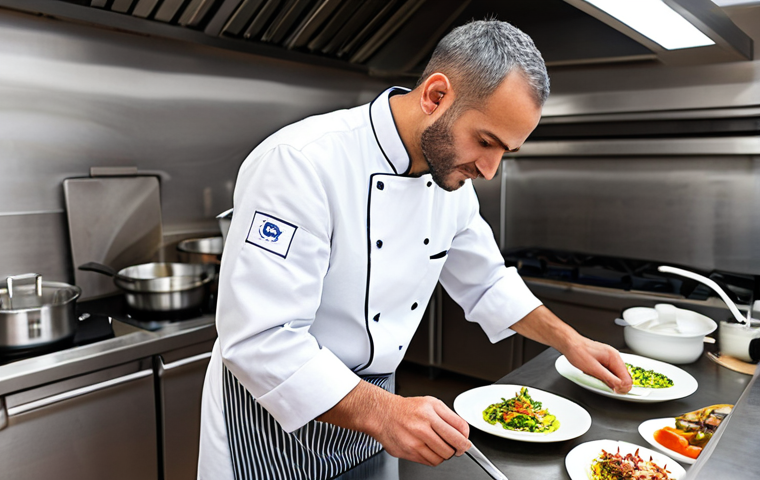 A highly skilled professional Israeli chef, fully clothed in a clean white chef's jacket and apron, meticulously plating an innovative fusion dish in a sleek, modern, well-lit kitchen. The chef is focused on the task with perfect anatomy and natural pose, showcasing well-formed hands. The background features subtle hints of a bustling, high-end restaurant environment. safe for work, appropriate content, fully clothed, professional, high-quality, ultra-detailed, professional photography.