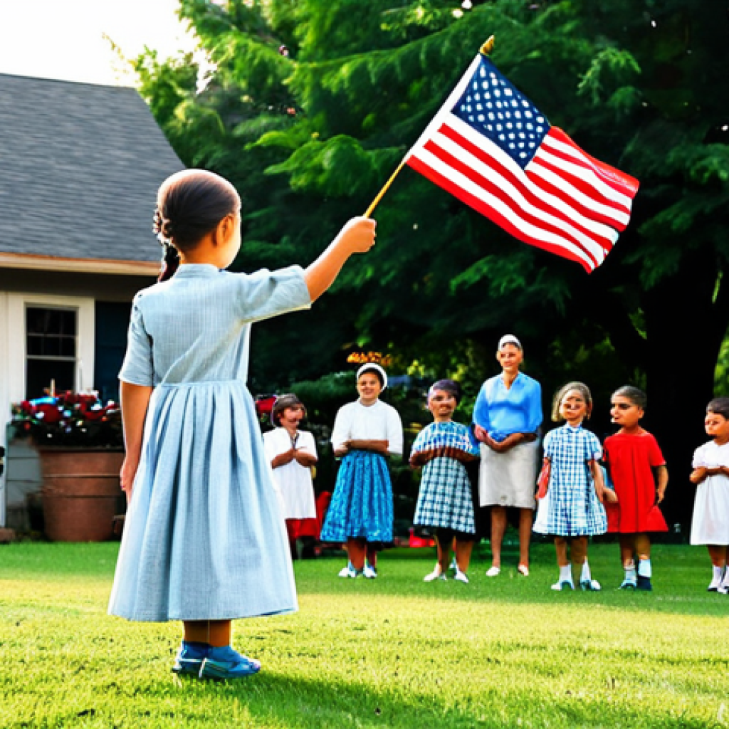 Nostalgic Independence Day Celebration**

"A heartwarming scene of a young child, fully clothed in modest, traditional clothing, waving a small flag with pride during an Independence Day celebration. The background shows a simple neighborhood gathering with families enjoying patriotic songs and dances. Safe for work, appropriate content, perfect anatomy, natural proportions, family-friendly, high quality, professional photography."

**
