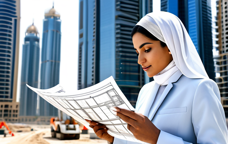 **Prompt:** A professional female architect, wearing a modest hijab and stylish, fully-clothed business attire, reviewing blueprints on a construction site in Dubai, modern skyscrapers in the background, perfect anatomy, natural pose, well-formed hands, appropriate content, safe for work, professional, high resolution.