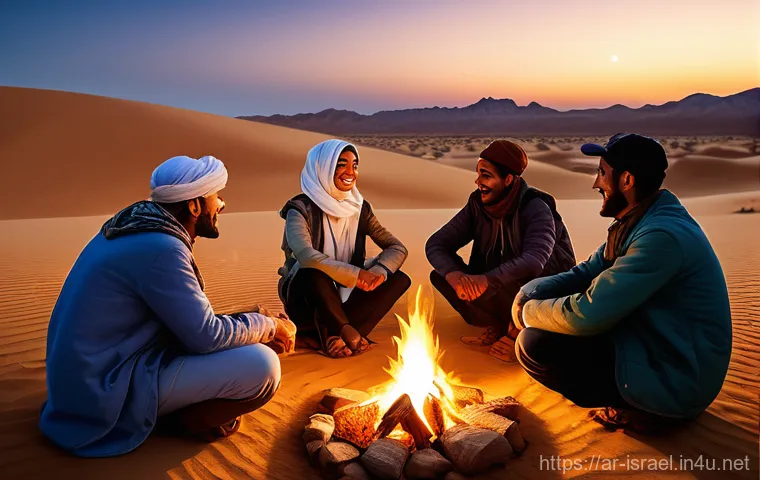 이스라엘에서의 사막 캠핑 - **Prompt:** A diverse group of friends or a family, all wearing modest and warm camping attire (long...