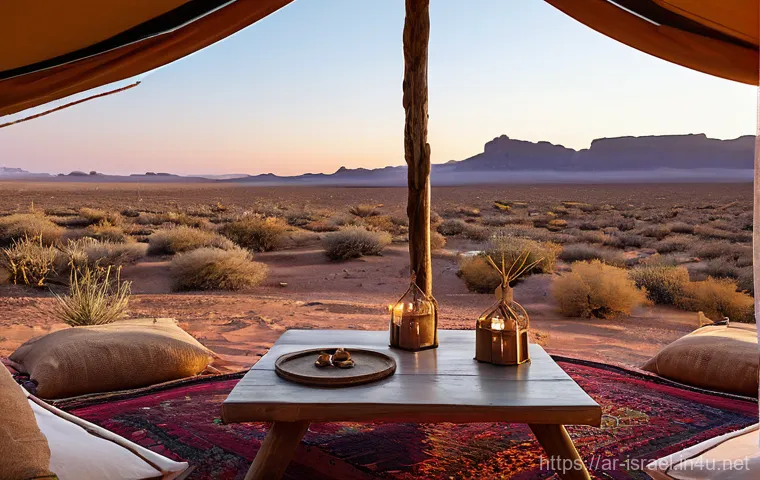 이스라엘에서의 사막 캠핑 - **Prompt:** A small group of adventurers, respectfully dressed in light, modest, and practical deser...
