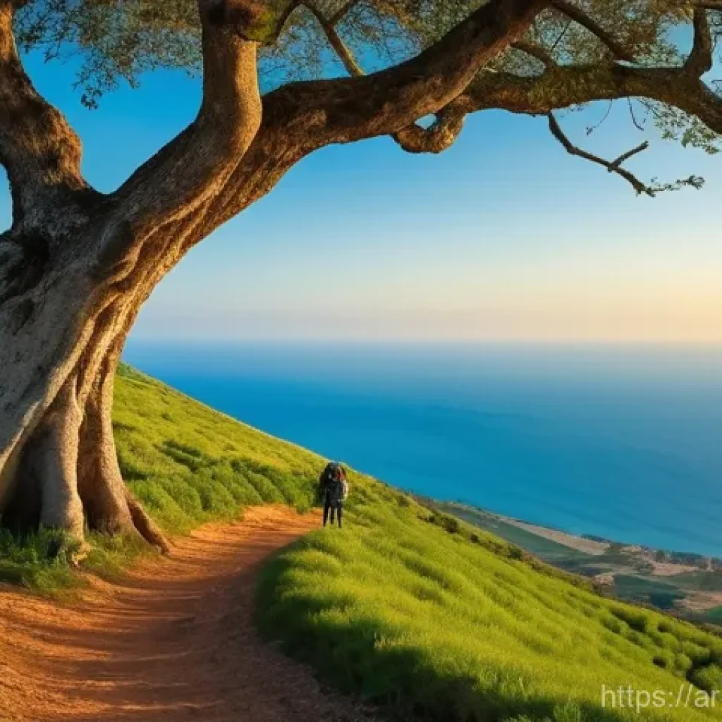 이스라엘 주요 산과 하이킹 코스 - **Galilee Hillside Overlooking the Mediterranean**
    A lone hiker, modestly dressed in practical o...