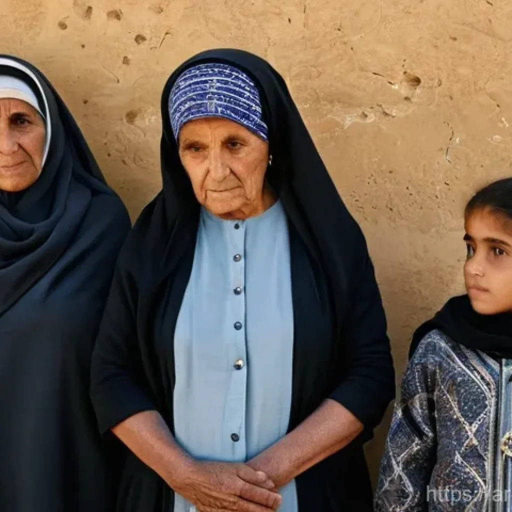 이스라엘과 팔레스타인의 현대 갈등 - **Prompt: Enduring Hope and Legacy**
    A multi-generational Palestinian family stands together in ...