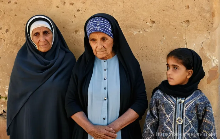 이스라엘과 팔레스타인의 현대 갈등 - **Prompt: Enduring Hope and Legacy**
    A multi-generational Palestinian family stands together in ...