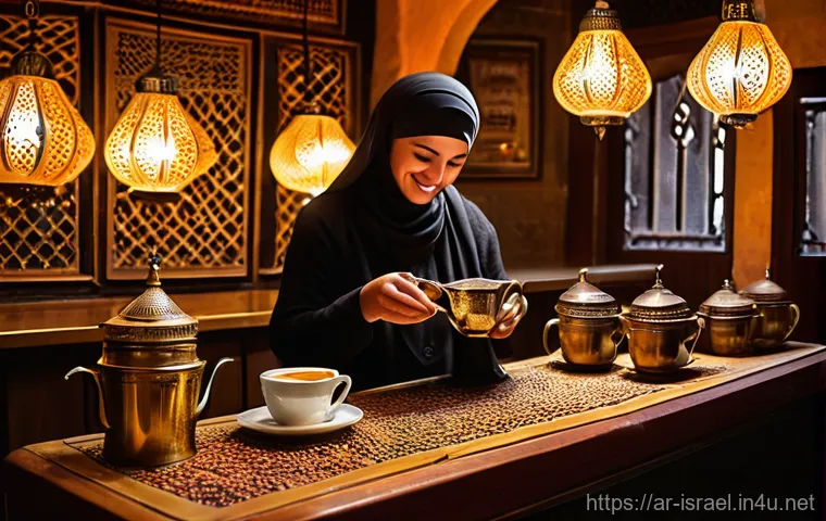 이스라엘의 카페 문화 - Prompt 1: Traditional Turkish Coffee Ritual in an Old Souk Cafe**