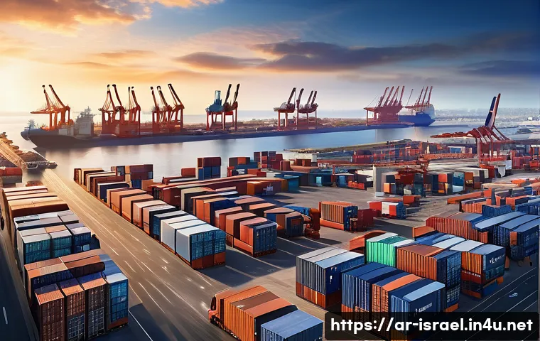 이스라엘 유럽 간 무역 관계 - **Dynamic EU-Israel Trade Hub:** A highly detailed, realistic illustration depicting a bustling glob...