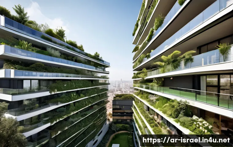 이스라엘 건축 디자인 트렌드 - **Biophilic Green Skyscraper in a Modern Israeli City:**
    "A stunning, high-angle view of a futur...