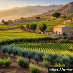 이스라엘 농촌 마을 체험 - A serene rural Israeli village landscape during early morning, showcasing lush green fields, olive g...