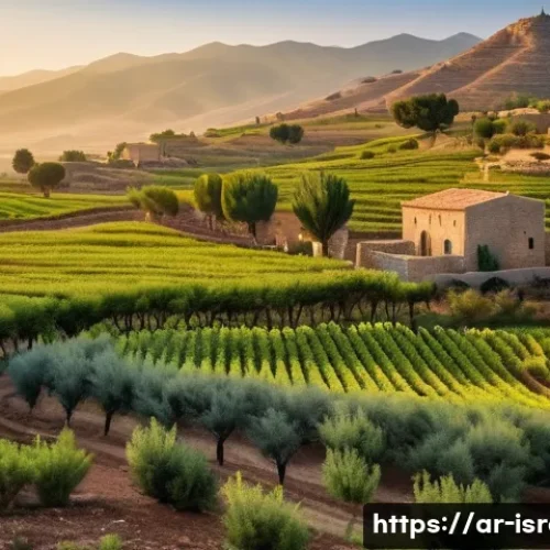 이스라엘 농촌 마을 체험 - A serene rural Israeli village landscape during early morning, showcasing lush green fields, olive g...