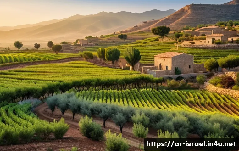 이스라엘 농촌 마을 체험 - A serene rural Israeli village landscape during early morning, showcasing lush green fields, olive g...