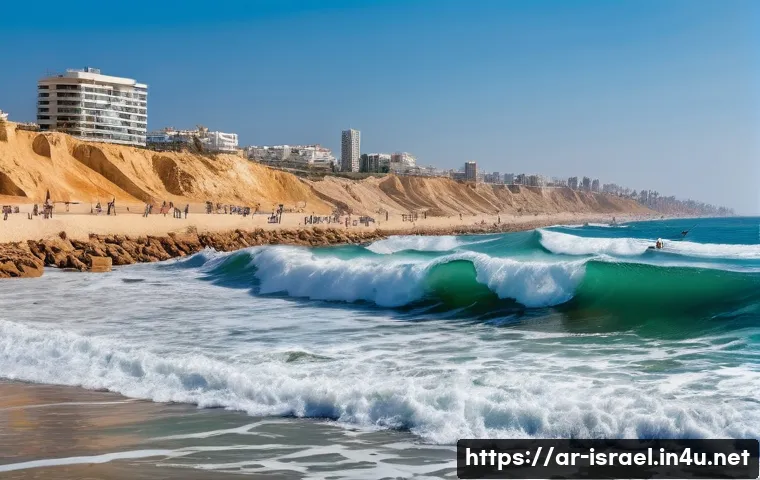 이스라엘의 서핑 명소 - A vibrant Mediterranean beach scene at Herzliya, Israel, showcasing experienced surfers riding high,...