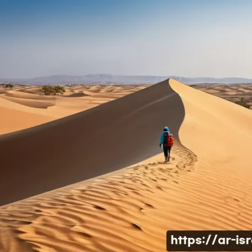 이스라엘의 사막 지형과 여행 방법 - A serene desert landscape in Israel during spring, featuring expansive golden sand dunes gently shap...