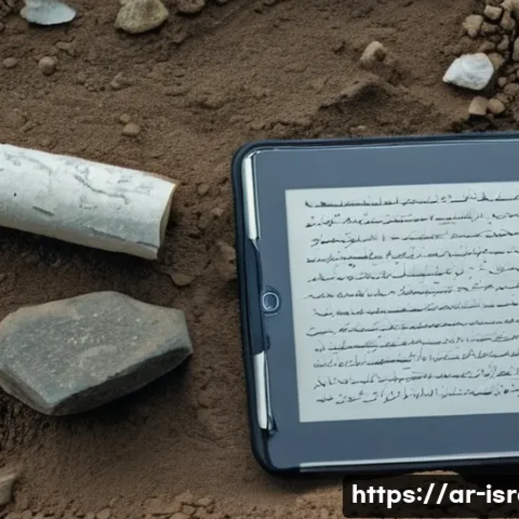 이스라엘에서 발견된 고대 화석 - 55 m" on a nearby taped measuring rod. Two archaeologists (one wearing a light keffiyeh-style headsc...