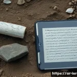 이스라엘에서 발견된 고대 화석 - 55 m" on a nearby taped measuring rod. Two archaeologists (one wearing a light keffiyeh-style headsc...