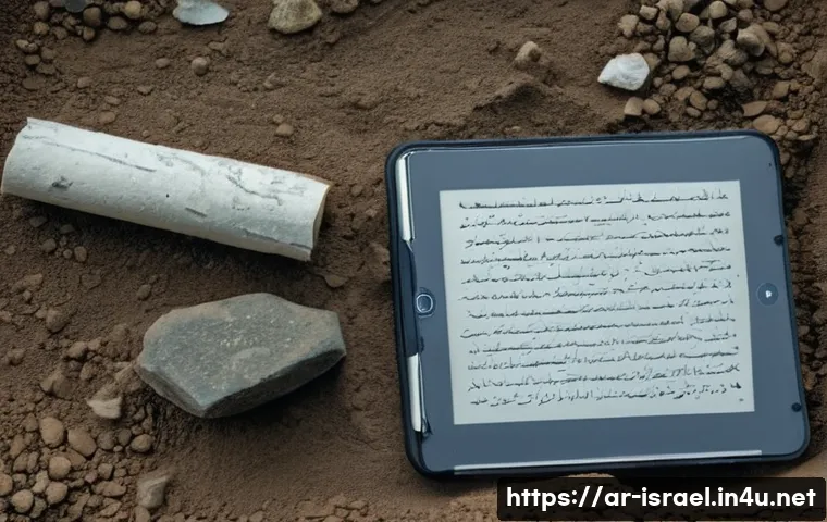 이스라엘에서 발견된 고대 화석 - 55 m" on a nearby taped measuring rod. Two archaeologists (one wearing a light keffiyeh-style headsc...