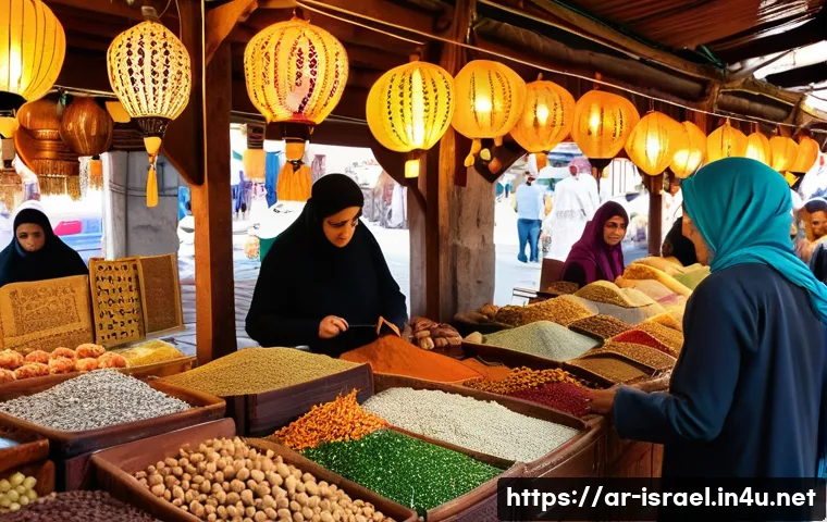 이스라엘에서 할 수 있는 전통 체험 여행 - A vibrant traditional Middle Eastern market scene in Israel during the daytime, bustling with divers...