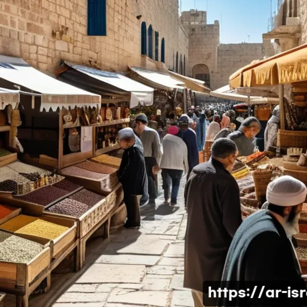 이스라엘의 고대 및 현대 조화된 문화 - A vibrant traditional market scene in Jerusalem’s Old City, showing diverse vendors in colorful stal...