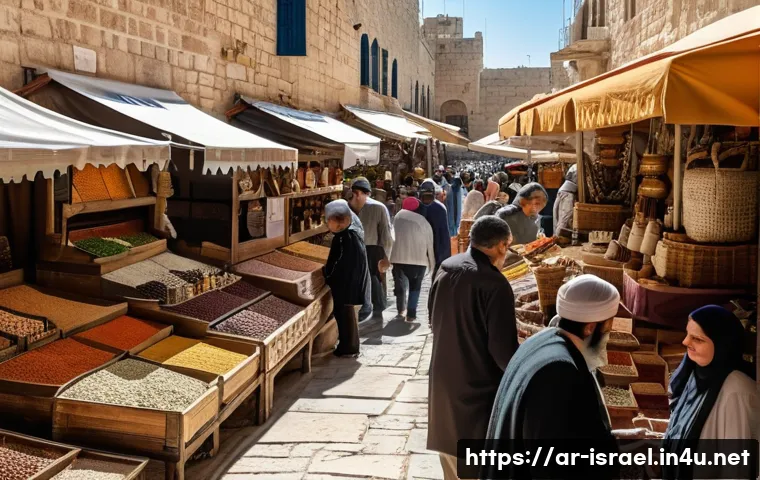 이스라엘의 고대 및 현대 조화된 문화 - A vibrant traditional market scene in Jerusalem’s Old City, showing diverse vendors in colorful stal...