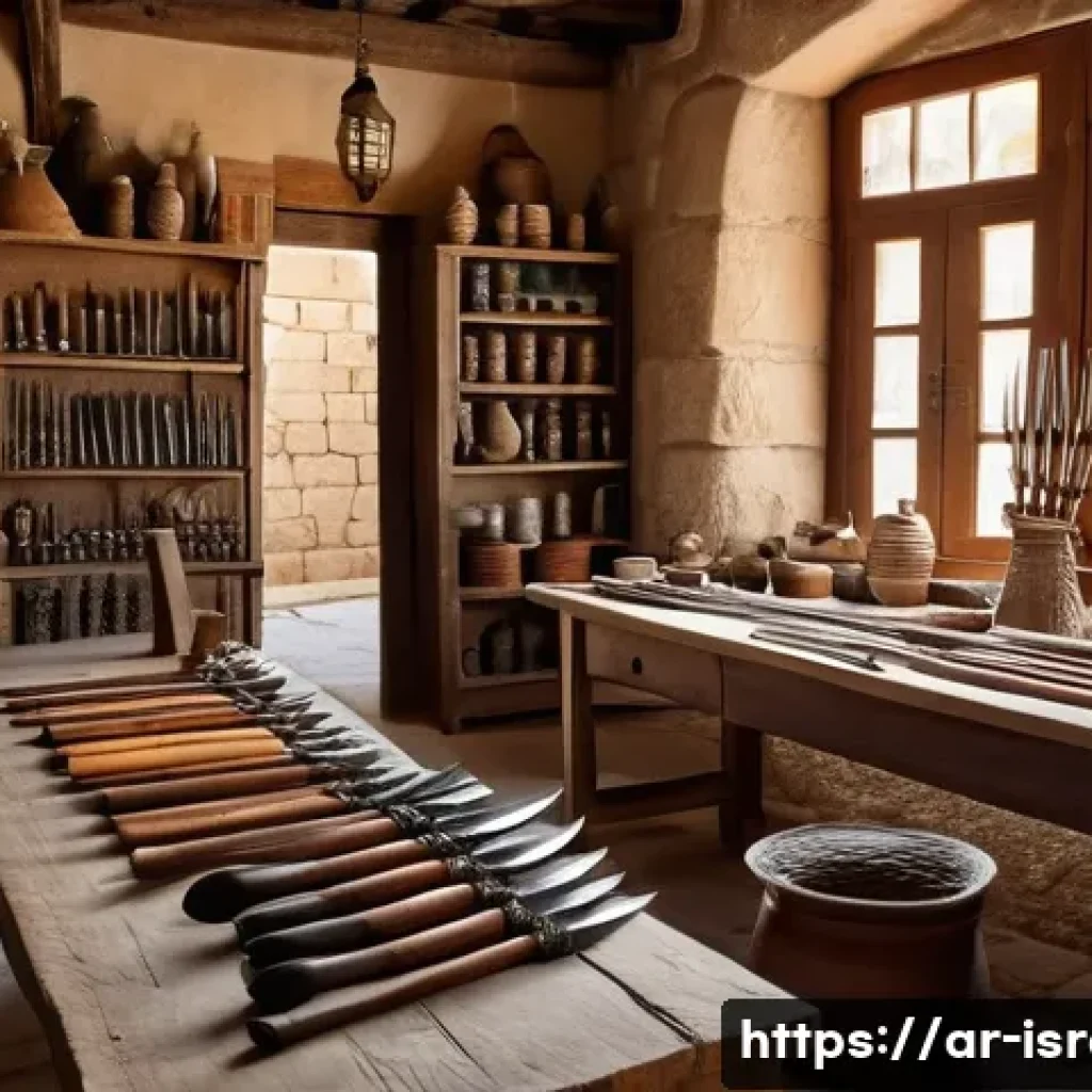 이스라엘에서 할 수 있는 전통 무기 사용 체험 - A detailed scene depicting a traditional Middle Eastern weapons workshop set in an ancient Israeli v...