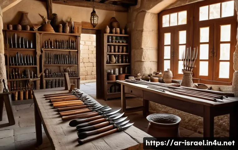 이스라엘에서 할 수 있는 전통 무기 사용 체험 - A detailed scene depicting a traditional Middle Eastern weapons workshop set in an ancient Israeli v...