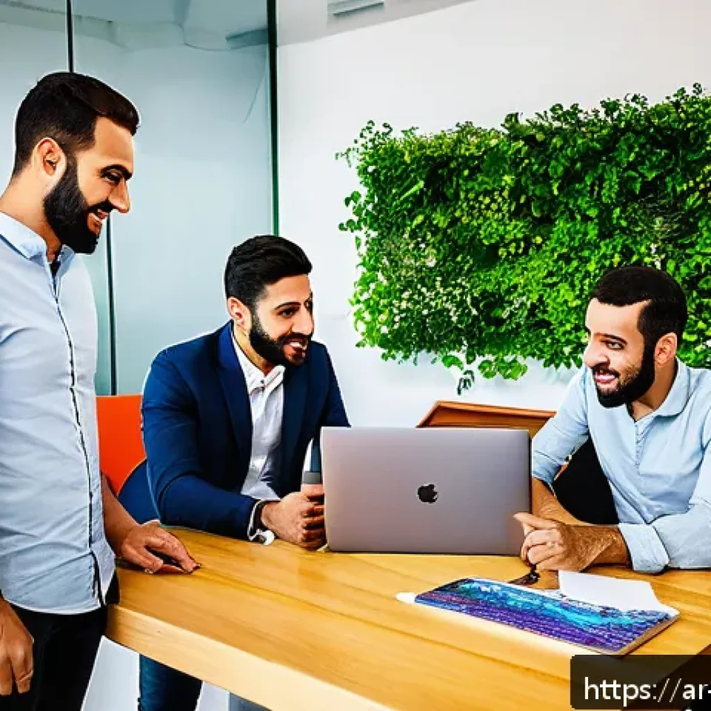 이스라엘 스타트업들의 글로벌 진출 사례 - A vibrant, modern startup office scene in Tel Aviv, featuring a diverse team of Arabic-speaking entr...