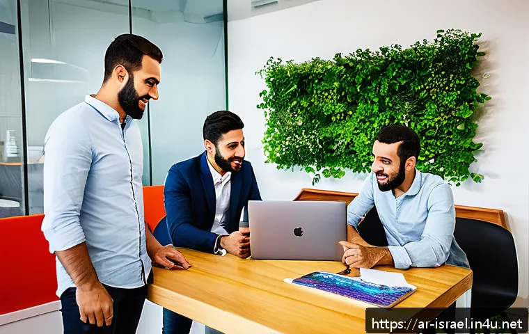 이스라엘 스타트업들의 글로벌 진출 사례 - A vibrant, modern startup office scene in Tel Aviv, featuring a diverse team of Arabic-speaking entr...