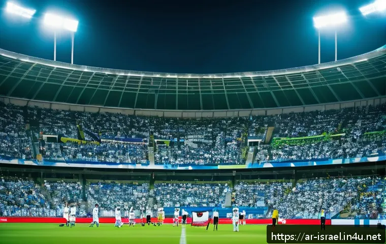 이스라엘의 주요 스포츠  축구 농구 - A vibrant, large Israeli football stadium packed with enthusiastic fans waving flags and banners in ...