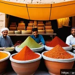 이스라엘의 스파이스 시장 - A vibrant Middle Eastern spice market scene in Israel during daytime, bustling with diverse vendors ...