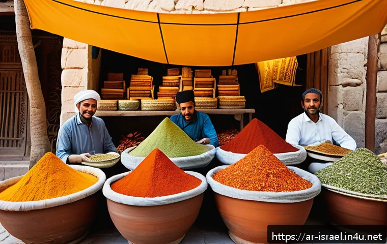 이스라엘의 스파이스 시장 - A vibrant Middle Eastern spice market scene in Israel during daytime, bustling with diverse vendors ...