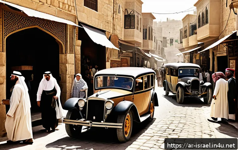 이스라엘 팔레스타인 분쟁 - A detailed historical scene depicting the British Mandate period in Palestine circa 1920s, showing d...
