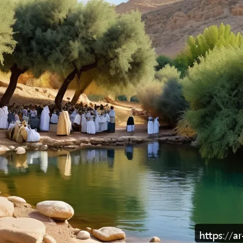 이스라엘의 요르단 강 침례 명소 - A serene and sacred scene along the banks of the Jordan River at the historic baptism site, featurin...