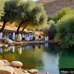 이스라엘의 요르단 강 침례 명소 - A serene and sacred scene along the banks of the Jordan River at the historic baptism site, featurin...