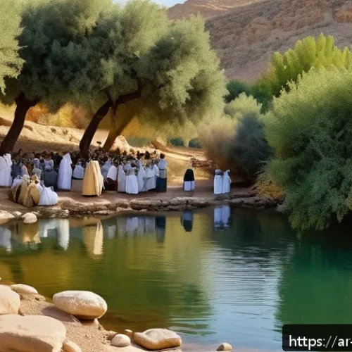 이스라엘의 요르단 강 침례 명소 - A serene and sacred scene along the banks of the Jordan River at the historic baptism site, featurin...