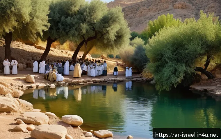 이스라엘의 요르단 강 침례 명소 - A serene and sacred scene along the banks of the Jordan River at the historic baptism site, featurin...