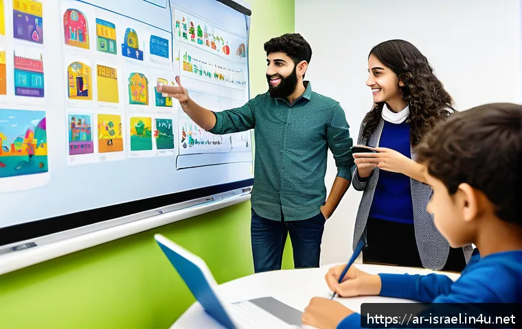 이스라엘 교육 시스템과 주요 학교 - A vibrant, modern Israeli classroom featuring a diverse group of Arab and Jewish students engaged in...