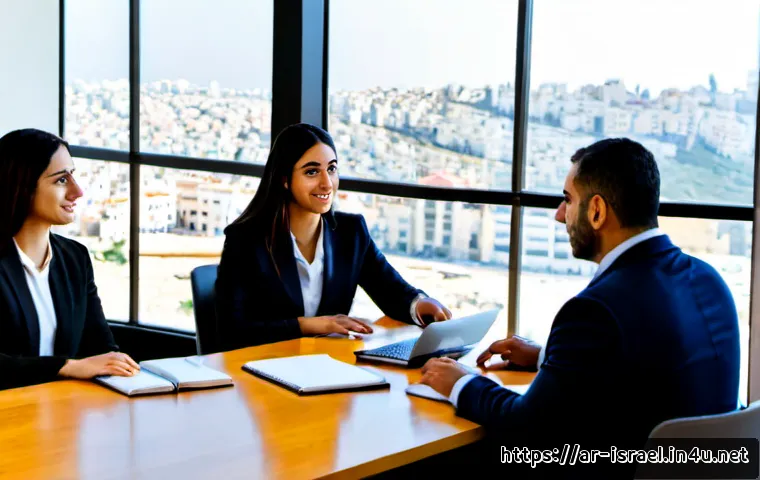 이스라엘의 비즈니스 영어 교육 - Photorealistic business English training session in a modern Tel Aviv coworking office, Arab profess...