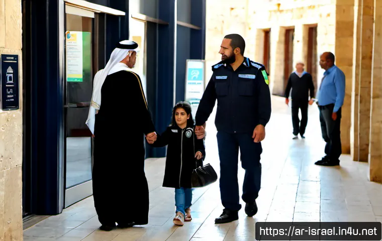 Home 17 이스라엘의 관광객을 위한 안전 정보 - Photorealistic travel safety scene in Jerusalem, an Arab family of adult tourists wearing modest cas...