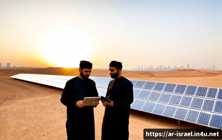이스라엘과 중동의 에너지 협력 - Photorealistic wide-angle sunrise view of a modern solar power plant in a Middle Eastern desert, ord...