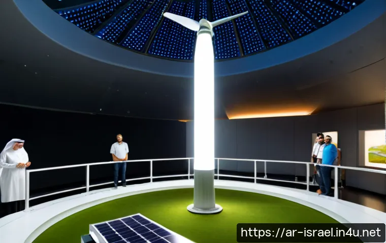 이스라엘의 과학 기술 박물관 - Photorealistic wide interior of a modern Israeli science and technology museum, Arab family with gra...