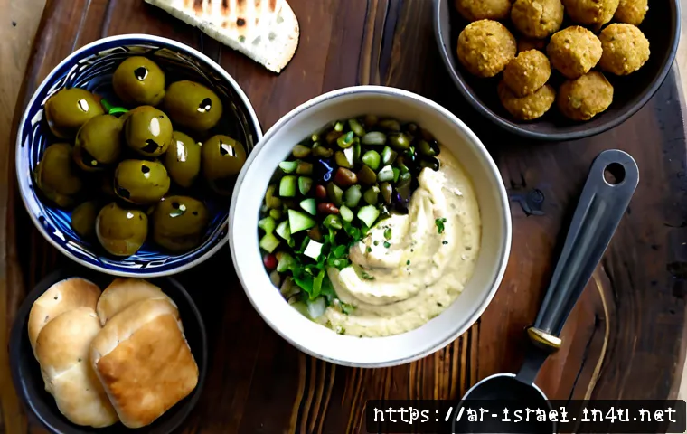이스라엘의 주요 요리법과 조리 도구 - Photorealistic overhead view of a freshly prepared Israeli mezze meal, creamy hummus drizzled with o...