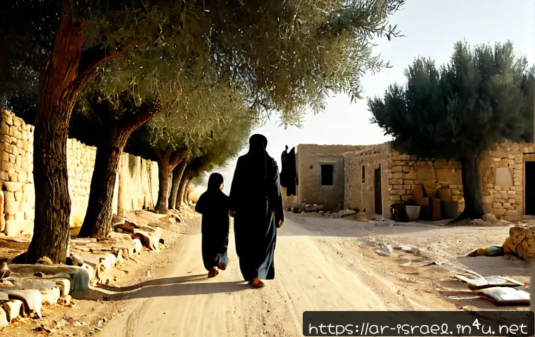 이스라엘 독립 전쟁 - Photorealistic historical scene of a Palestinian Arab family in 1948 carrying modest suitcases and b...