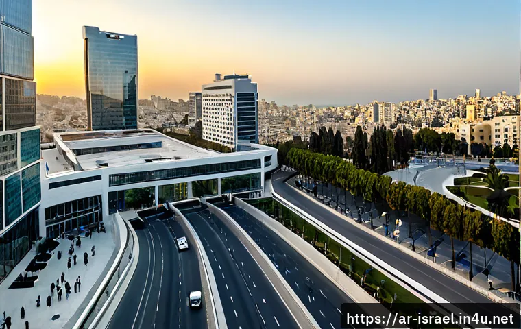 Home 17 이스라엘의 주요 금융 센터 - Photorealistic panoramic view of Tel Aviv’s modern financial district at golden hour, sleek glass of...