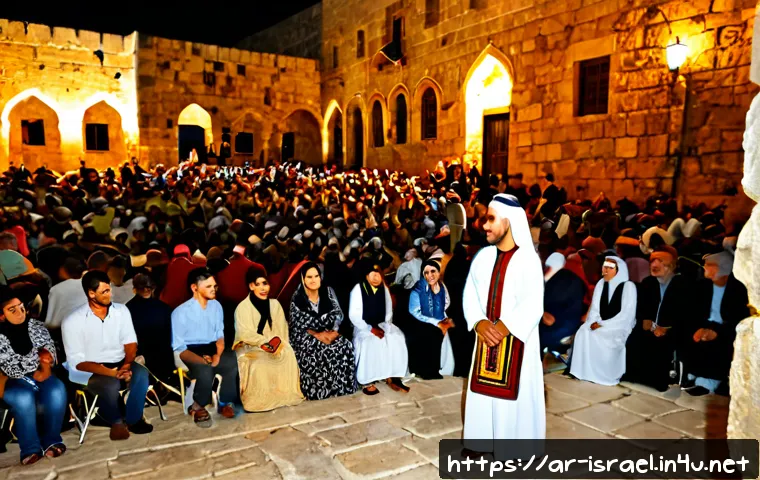 Home 30 이스라엘 문화와 예술 페스티벌 - Photorealistic evening Israeli culture and arts festival in a historic Jerusalem-style stone courtya...